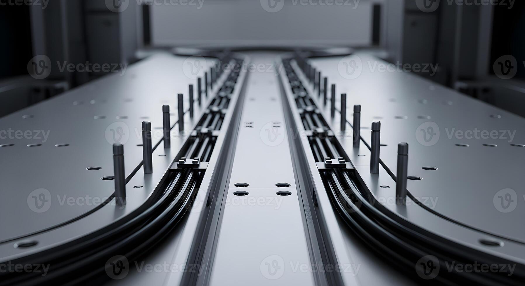 Robot base shims, dowels in mirrored layout, cable trough, smooth curves, anchor points. Natural lighting, deep focus, sharp texture photo