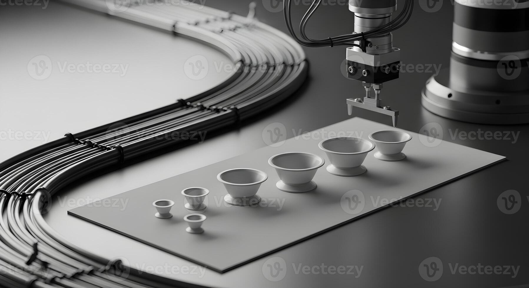 Vacuum cups in size gradient on a mat, within a cable trough run with smooth curves and anchor points, for engineering and safety. photo