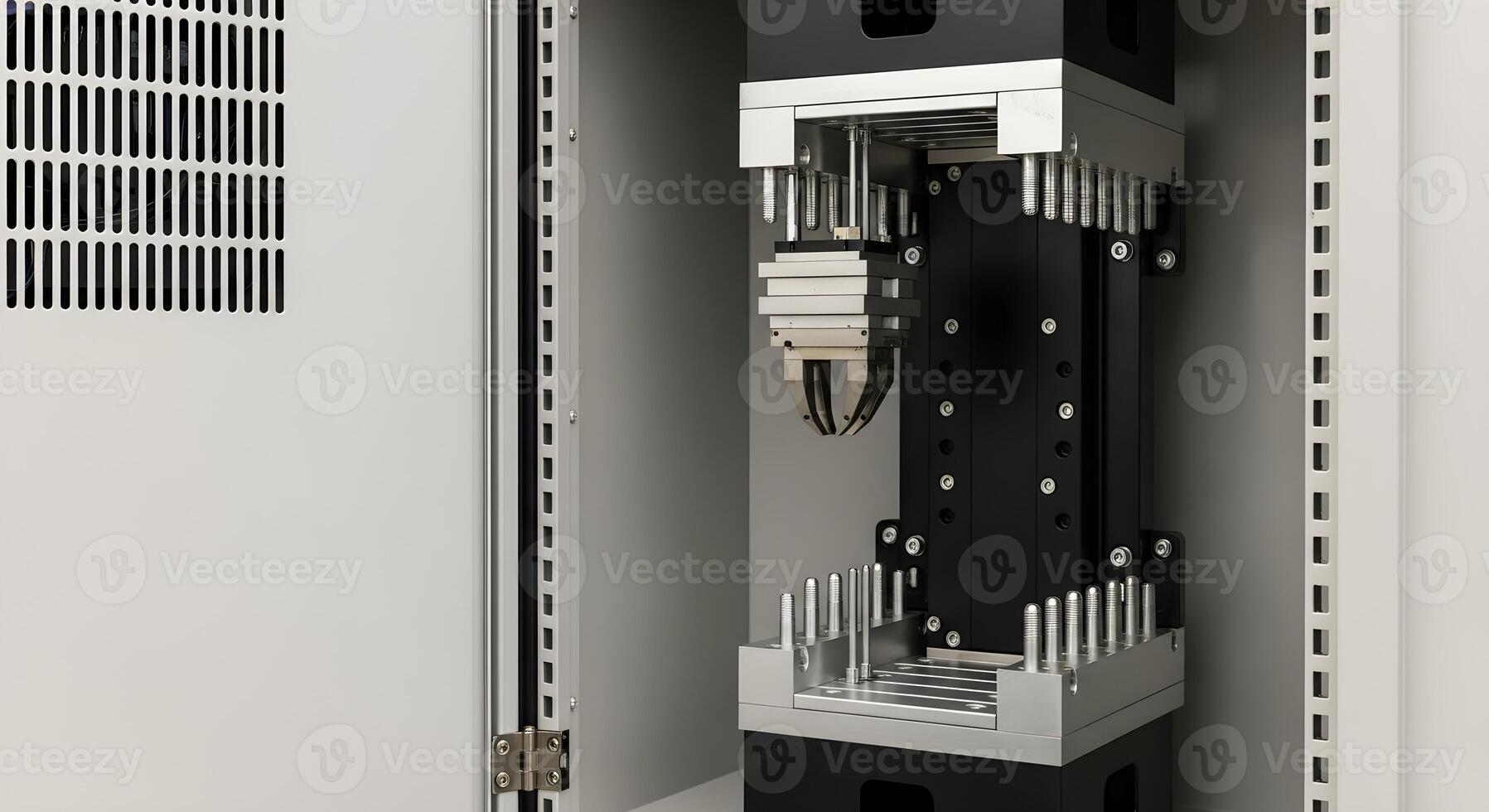 Robot base shims and dowels in mirrored layout within I, O cabinet dooring, deep focus, ultrasharp textures. photo