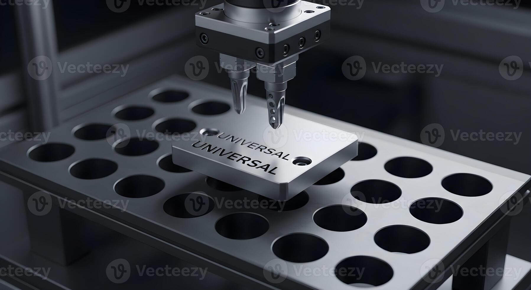 End-effector tool plate with universal bolt pattern in swap rack with cradles, ultra-sharp, clean, brand-neutral. photo