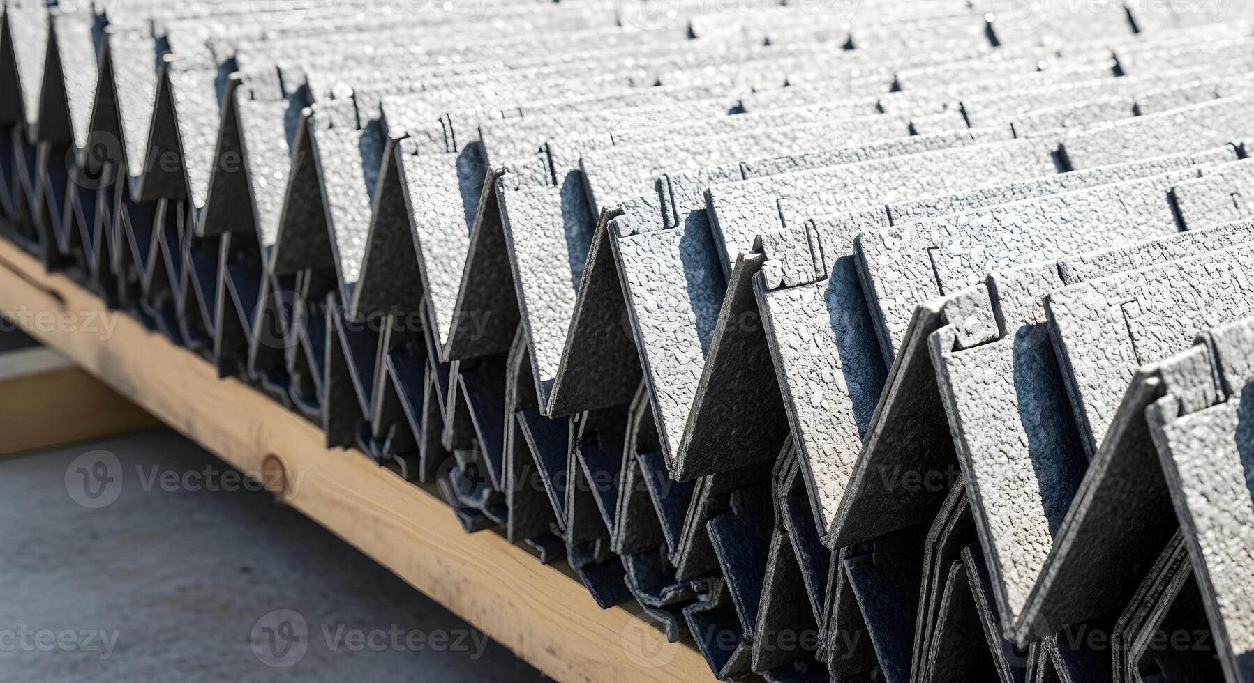 Folding ruler joints forming a zigzag pattern, placed within geotextile roll staging on timber dunnage photo