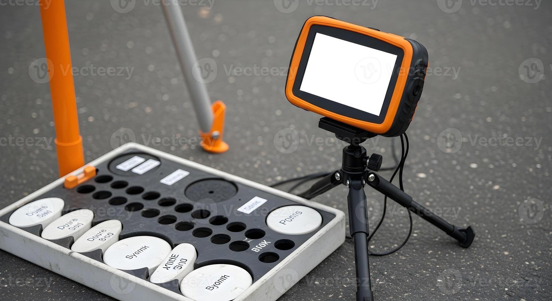 Handheld GPS rover on bipod within pavement core tray with labeled discs, emphasizing sharp textures, clean composition photo