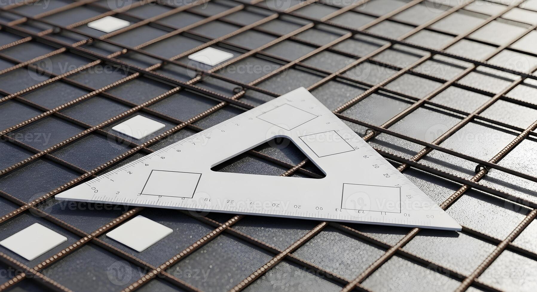 Triangular scale with blank faces and set squares in a bridge deck mockup, emphasizing sharp textures and clean composition. photo