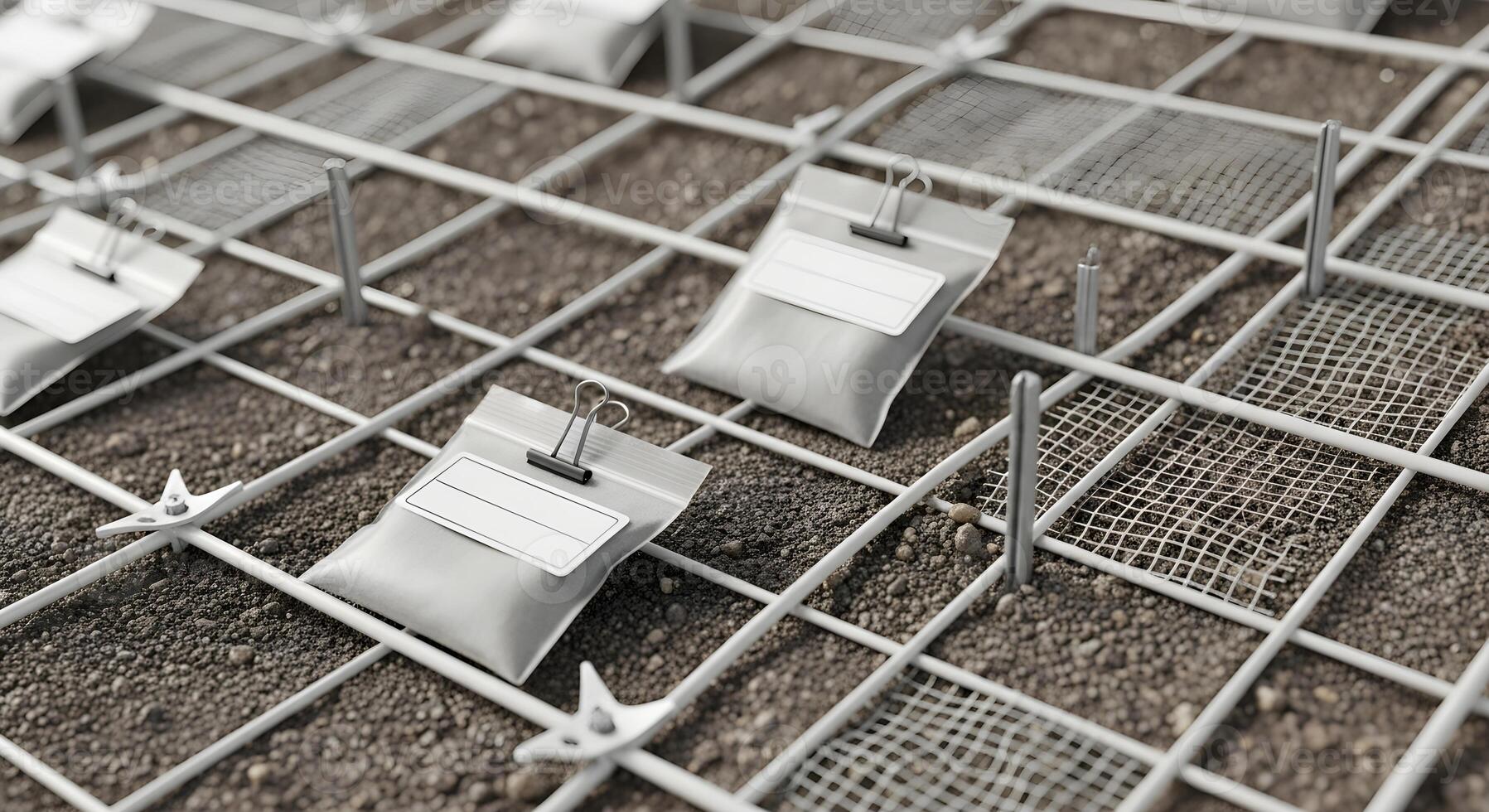 Sample bags with empty labels and clips in slope stabilization grid with anchors and mesh, ultra-sharp textures, clean, copy space photo