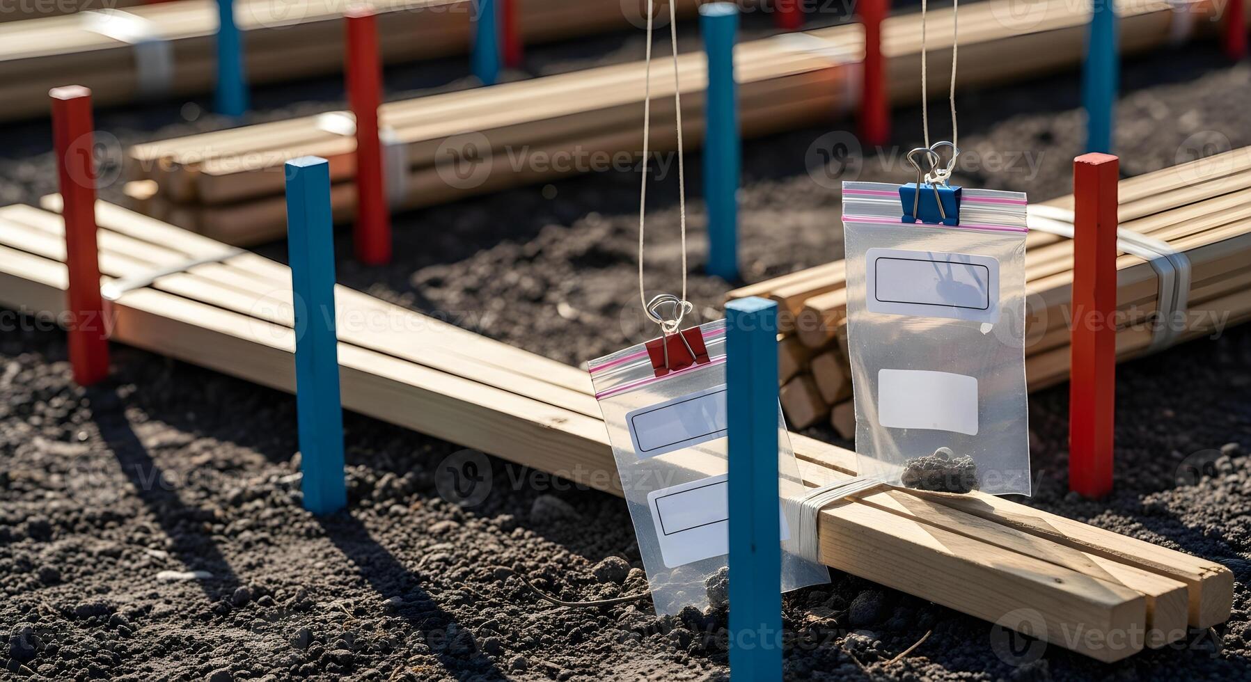 Sample bags with empty labels and clips, placed in survey stake yard with organized bundles and clean soil for engineering use. photo
