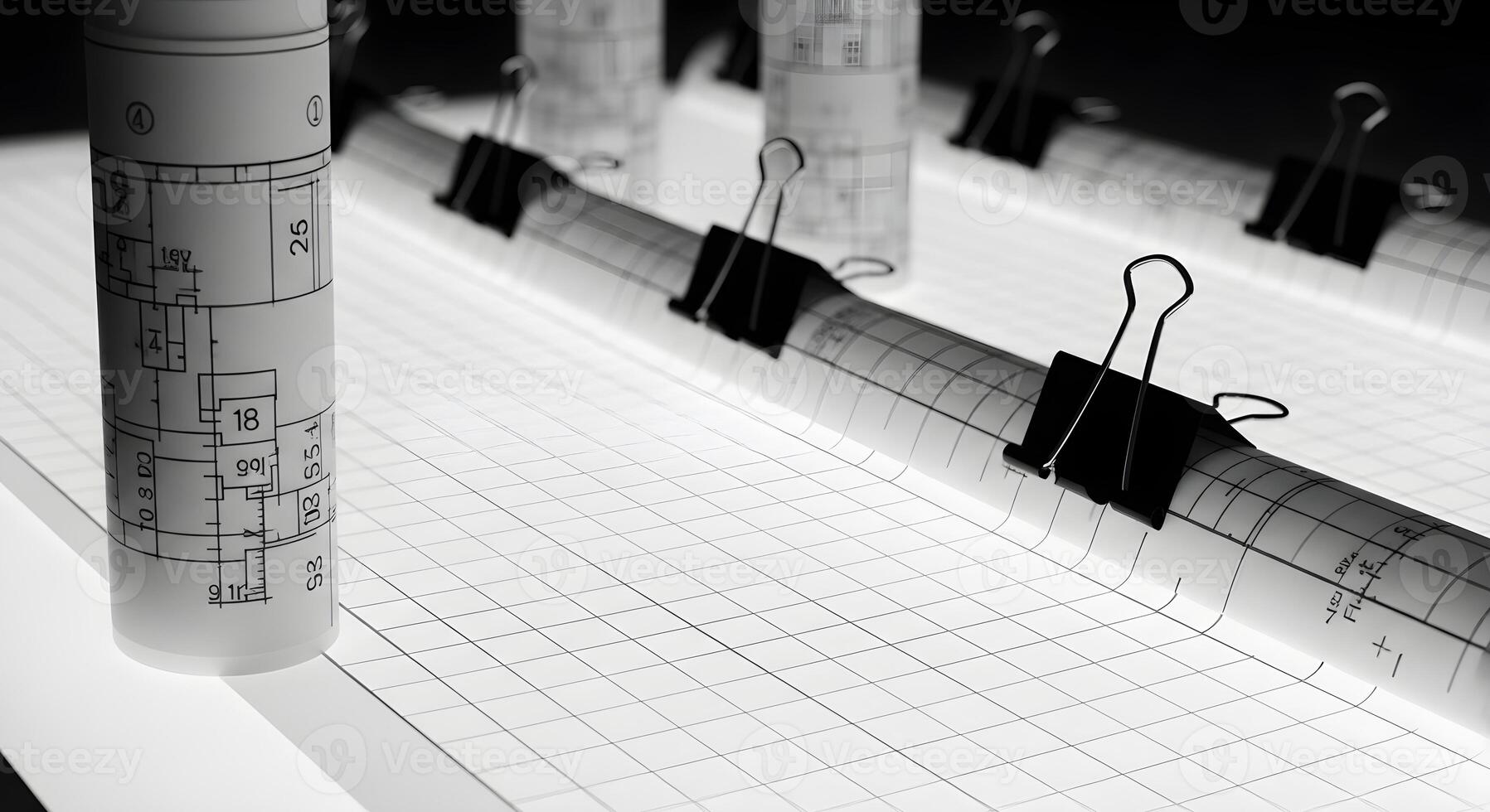 Binder clips holding rolled sheets upright in a light table with translucent sheets and a subtle grid glow photo