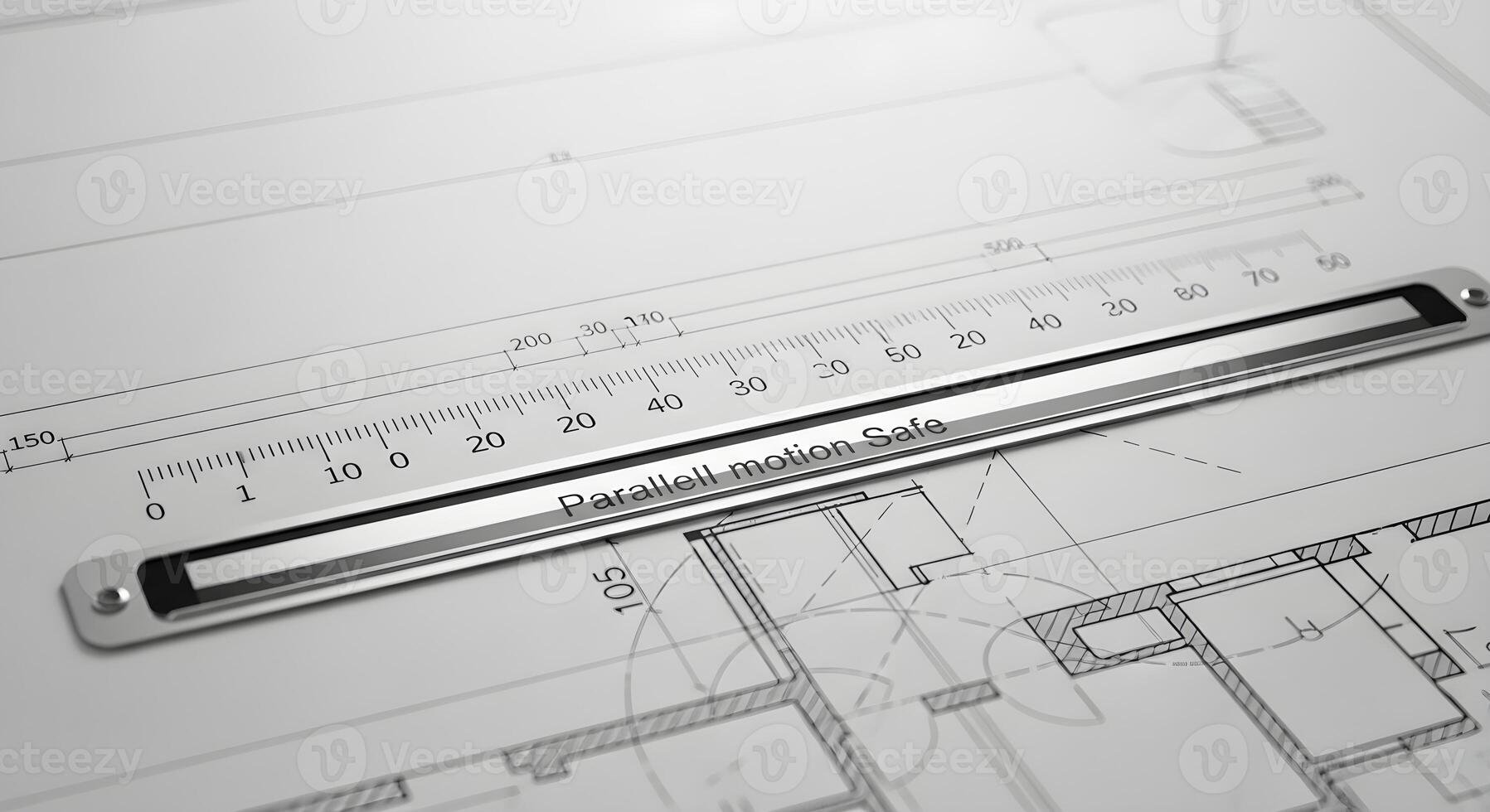 Scale bars with hash marks omitted, clean faces placed within drafting board with parallel motion bar and soft falloff photo