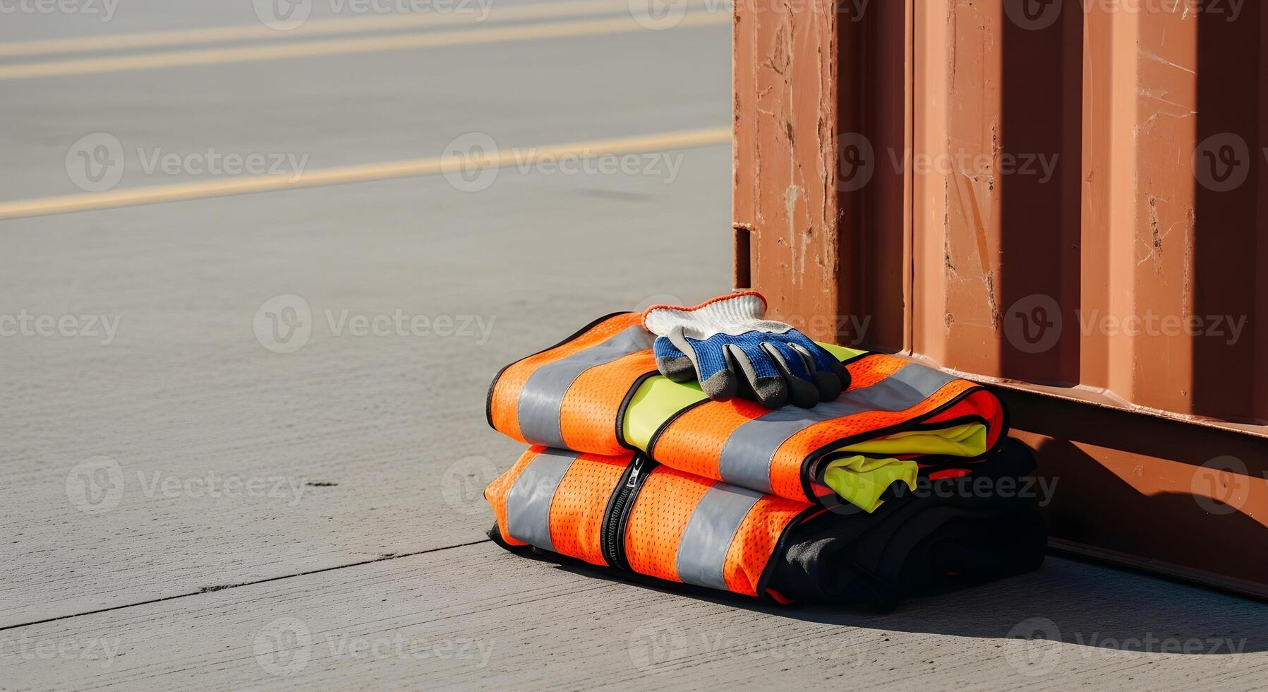 High-vis vest and gloves in a container corner casting, captured with natural lighting and deep focus for sharp textures photo