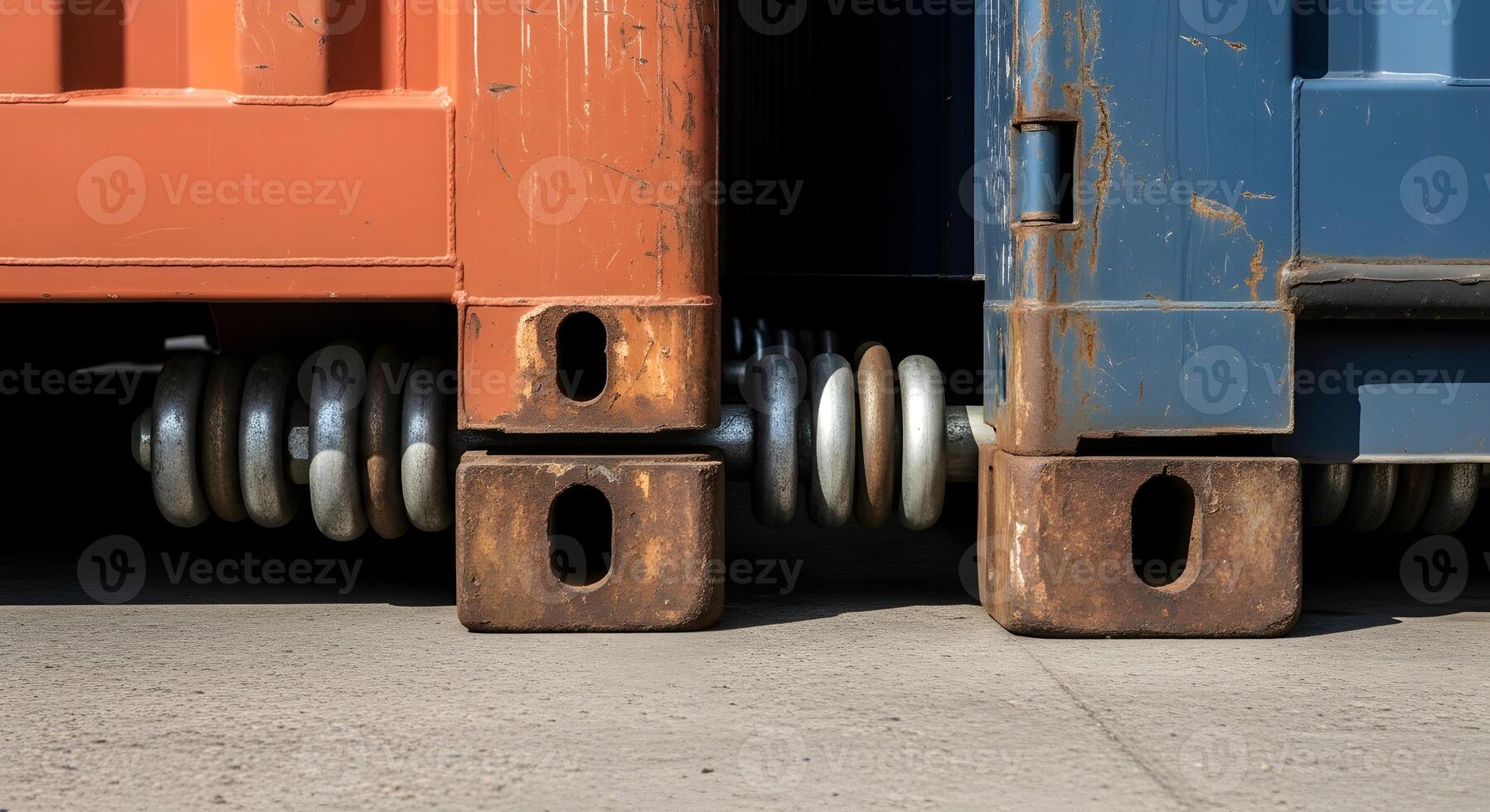 Spreader beam shackles and pins aligned within container corner casting close-up, emphasizing ultrasharp textures and crisp edges. photo