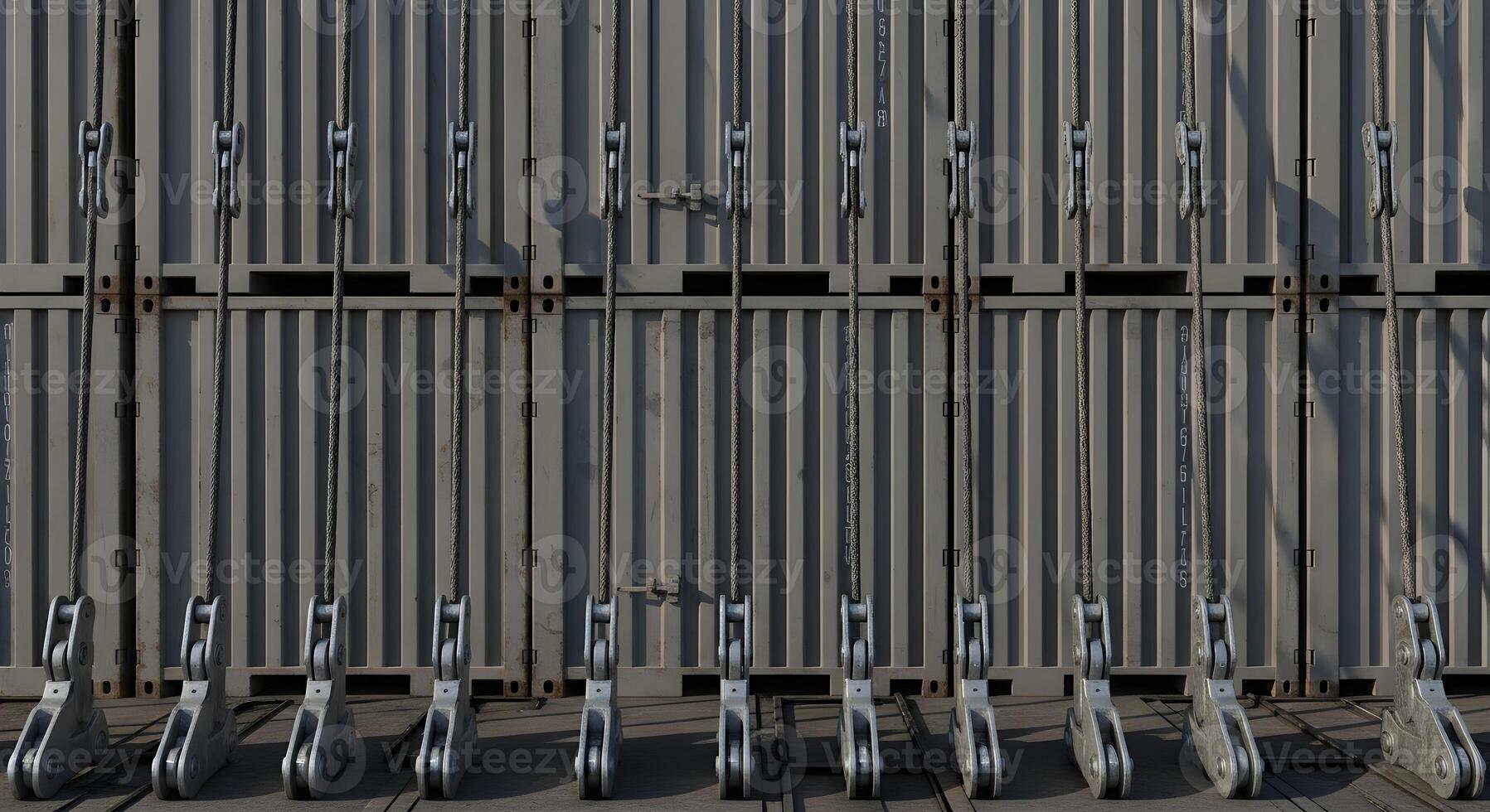 Lashing bars and turnbuckles in yard stacks of plain containers, emphasizing ultra-sharp textures for engineering, safety, and ops photo