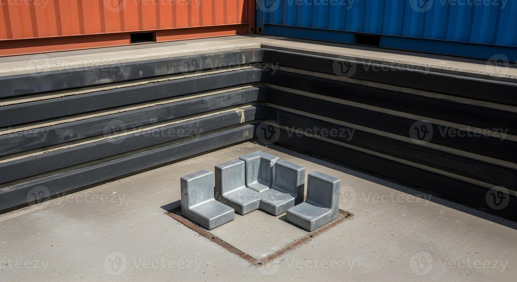 Corner castings on ground within dock fender wall, with layered rubber textureing, deep focus, sharp textures photo