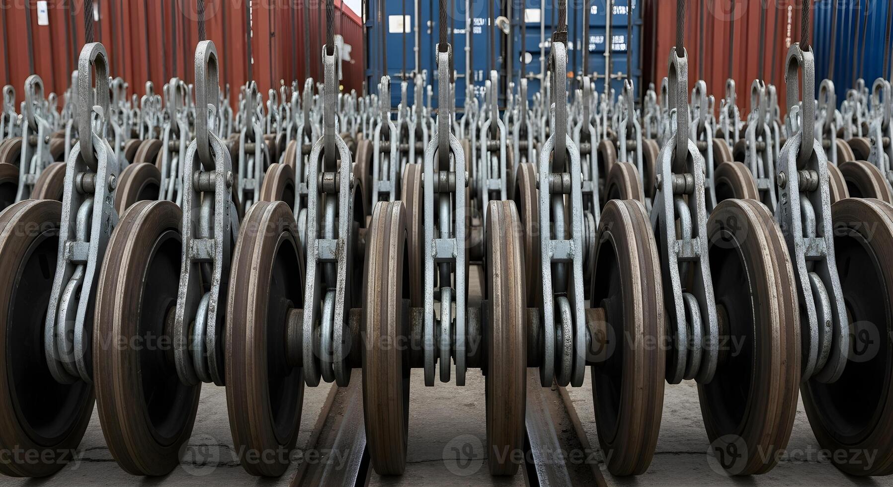 Lashing bars and turnbuckles in measured rows on rail with grease lines, captured with natural lighting and deep focus photo