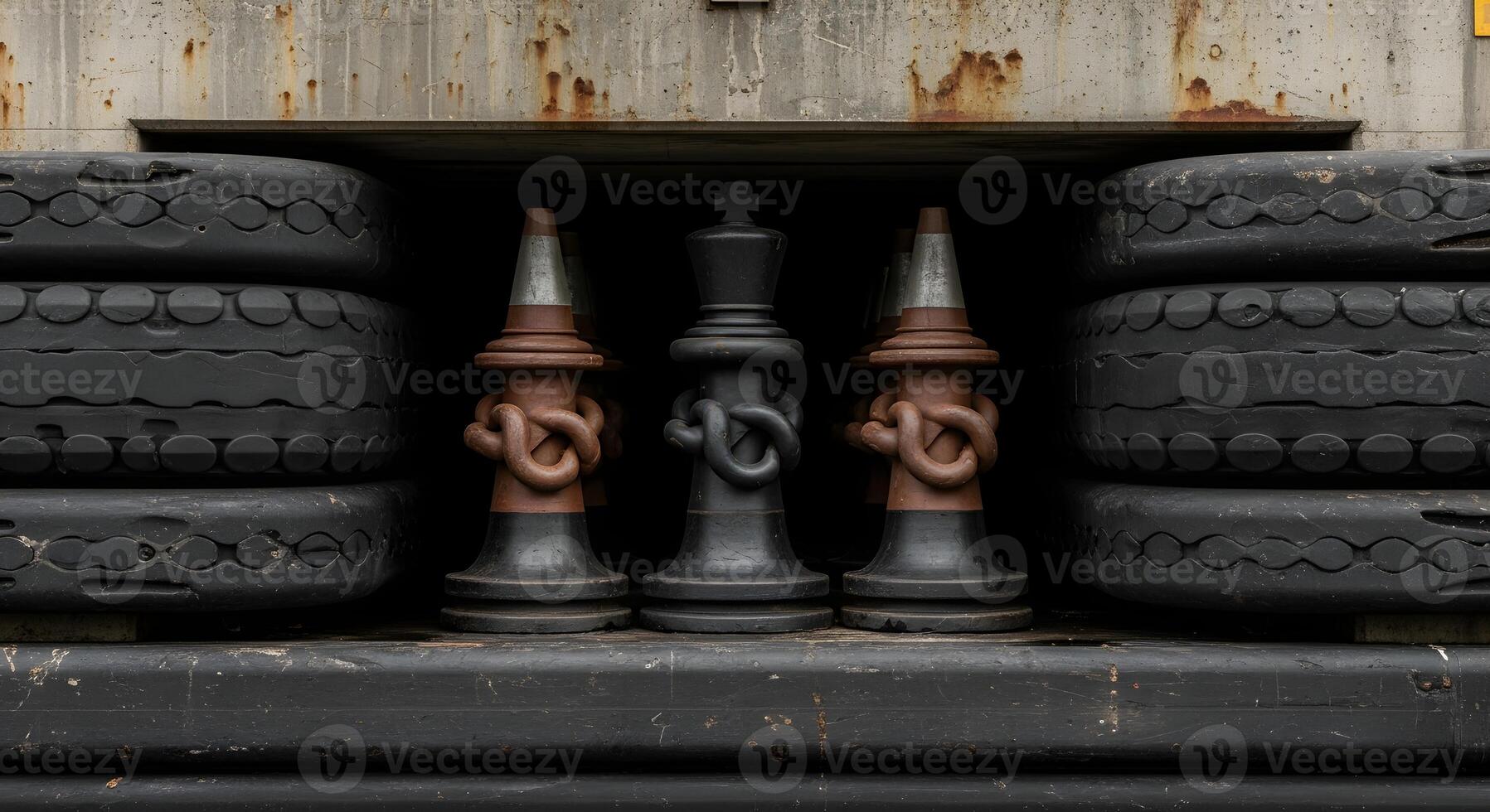 Twistlocks and cones arranged like chess pieces within a dock fender wall, emphasizing ultrasharp textures and crisp edges. photo