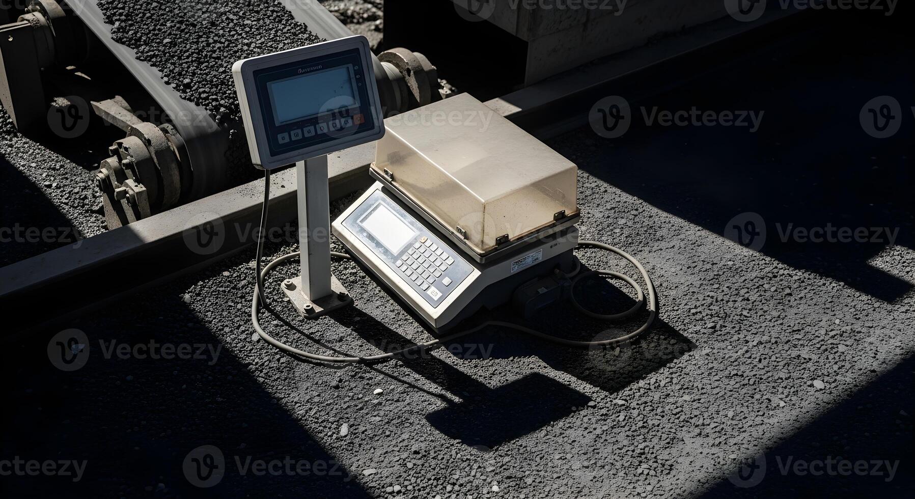 Portable scale with covered display in crusher feed belt with ore fines and shadow rhythm photo