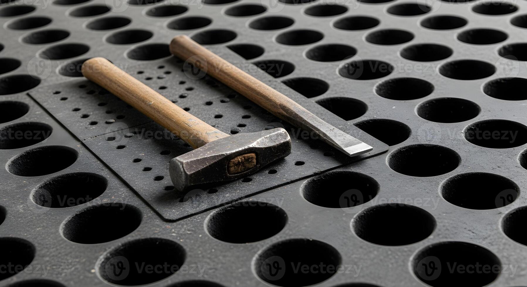 Geologist hammer and chisel on rubber mat, blast pattern grid with drilled holes, deep focus, sharp textures photo