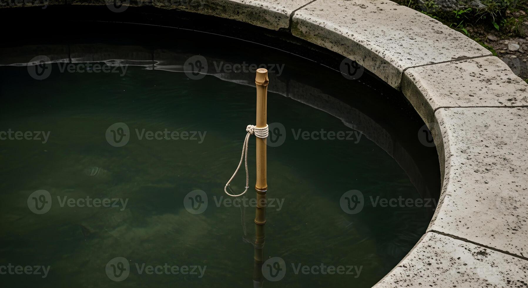 Waterfall travel concept with bamboo stick and cord loop in karst resurgence fountain, emphasizing sharp textures, clean photo