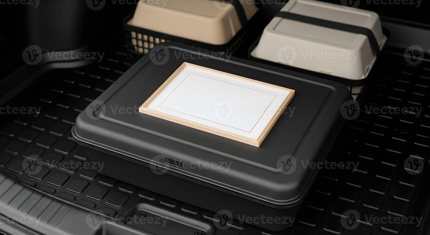 Food Delivery culinary featuring neutral delivery label frame empty on the lid placed within car trunk liner with non-slip pattern photo