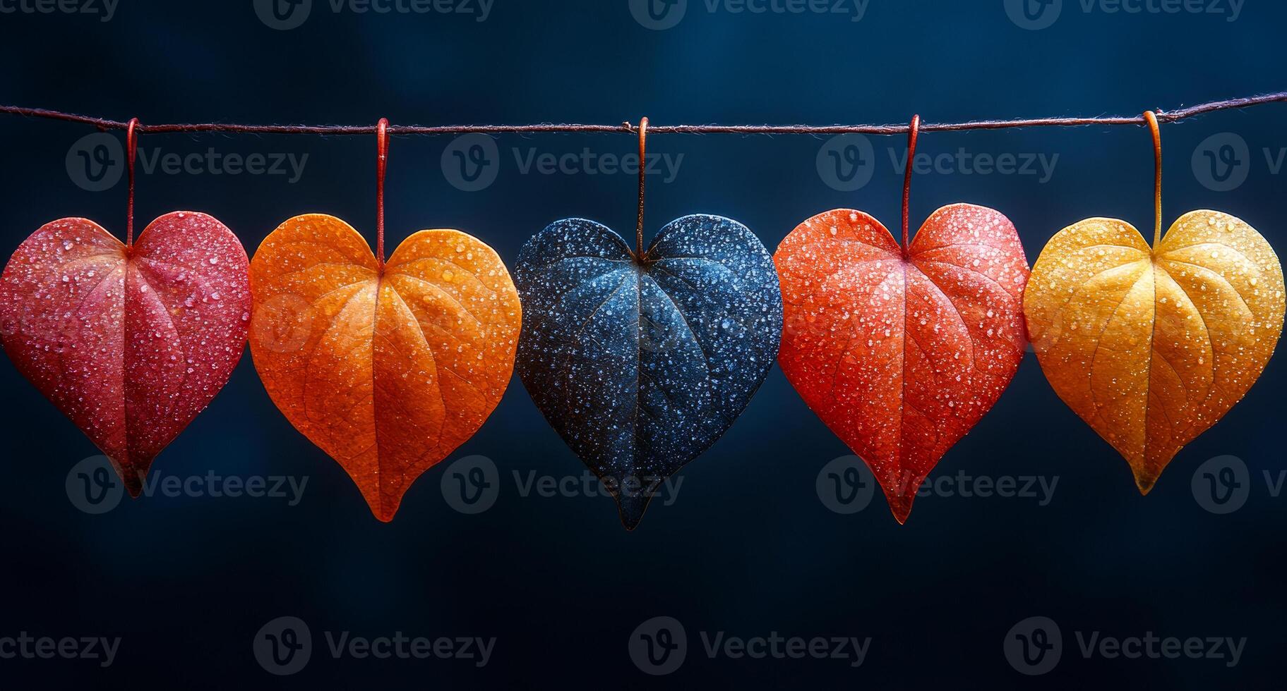 Colorful heart-shaped leaves on a string. Five vibrant heart-shaped leaves hang on a string, displaying captivating colors and textures against a dark background. photo