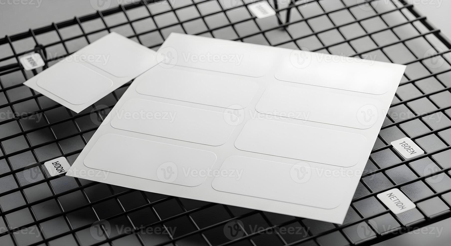 Meal Prep culinary clean, brand-neutral image featuring blank label sticker on a backing sheet within a cooling rack array photo
