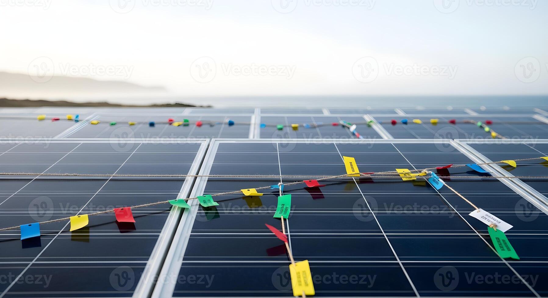 Solar Panels - string labels replaced by color tabs without text in coastal ridge array with salt-hazed horizon photo