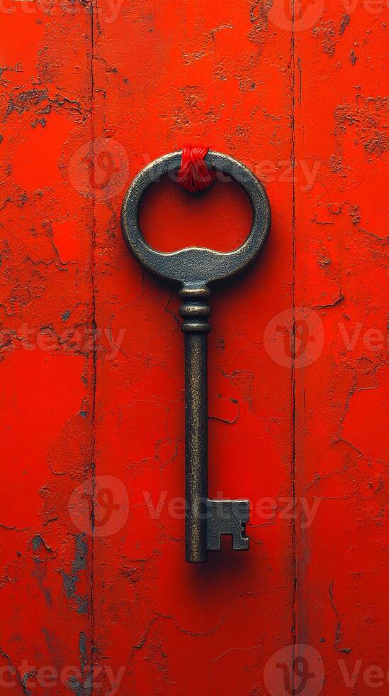 Key hanging on bright red door. A vintage key hangs from a loop on a textured bright red door, creating a striking visual contrast. photo