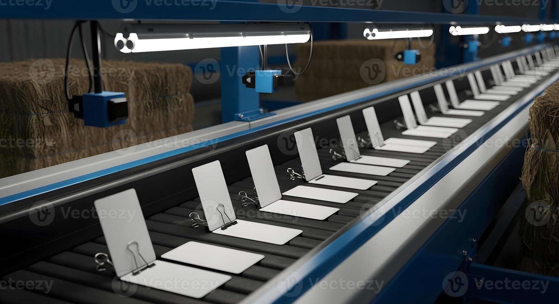 Recycling - bale tags replaced by plain cards and clips in sorting line belt with light beams and sensor mounts photo