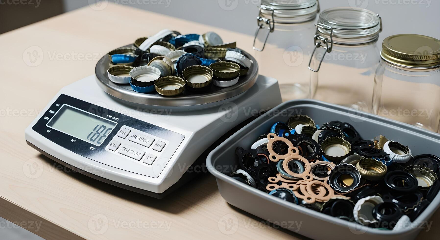 Zero Waste - reusable bottle caps and gaskets sorted in weigh station table with scale screen dark and jars photo
