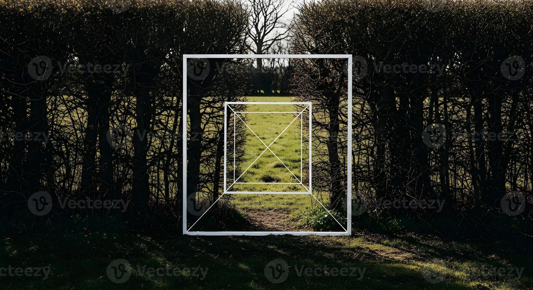 Biodiversity - quadrant frame for vegetation survey unmarked in hedgerow corridor with layered shrubs and shadow photo