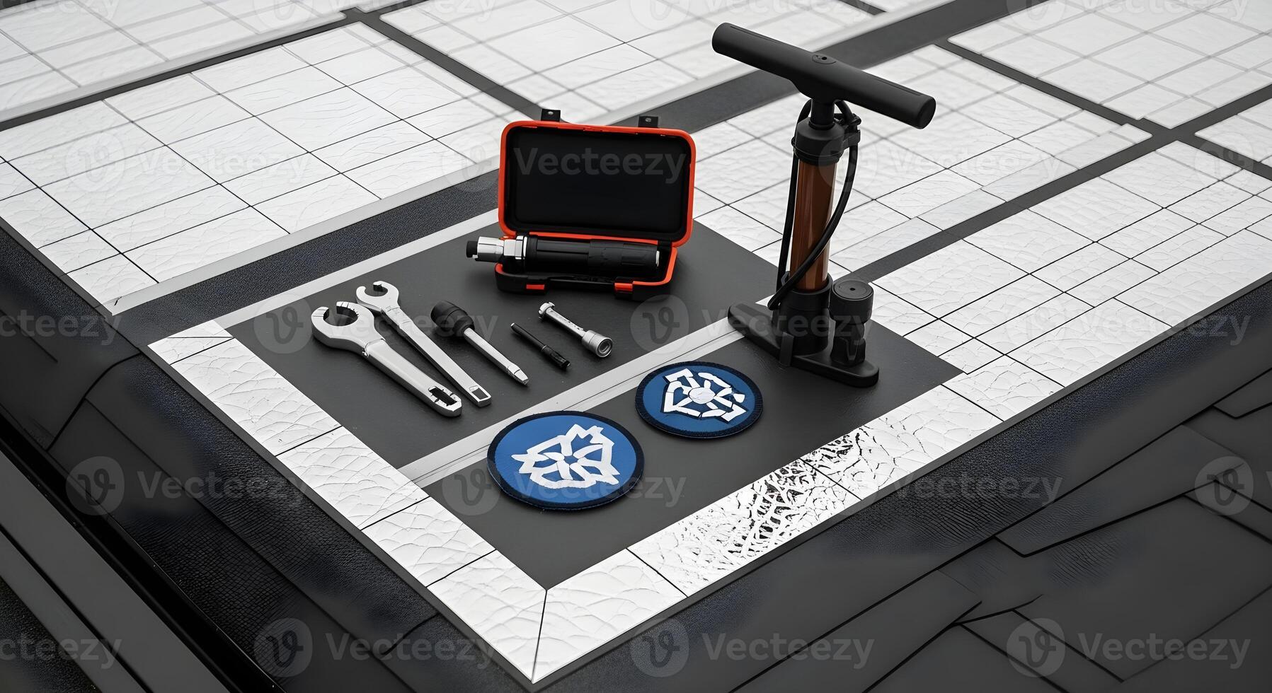 Climate Action - bicycle tool kit with patch set and pump in cool roof patch with reflective coating and grid photo