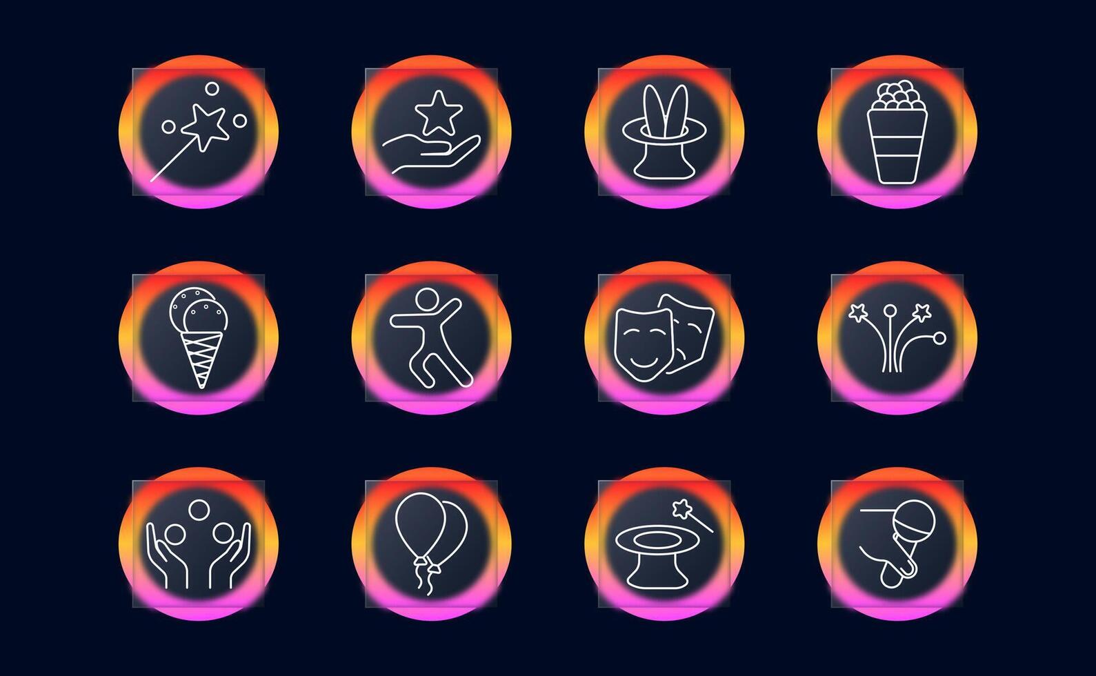 Entertainment set icon. Outlined graphics of magic wand, bunny hat, ice cream, popcorn, juggling, dance, balloons, masks inside glowing gradient circles on dark background. vector