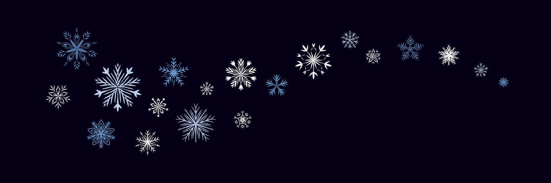 Merry Christmas and Happy New Year festive background win hand drawn sow flakes on dark night evening background. Fancy snowflake swirl border vector