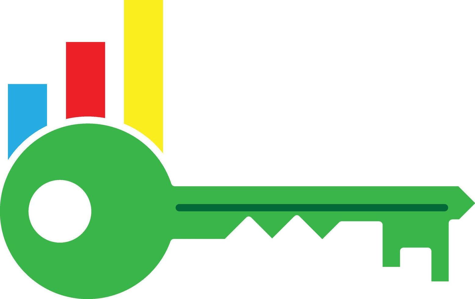 Isolated vibrant green key graphic, positioned with colorful rising bar charts, metaphorically representing data-driven insights, security solutions, and unlocking successful business growth vector