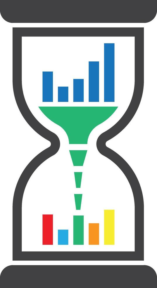 An isolated conceptual icon of an hourglass visualizing data transformation, where a funnel processes an initial bar graph into a refined analytical chart vector