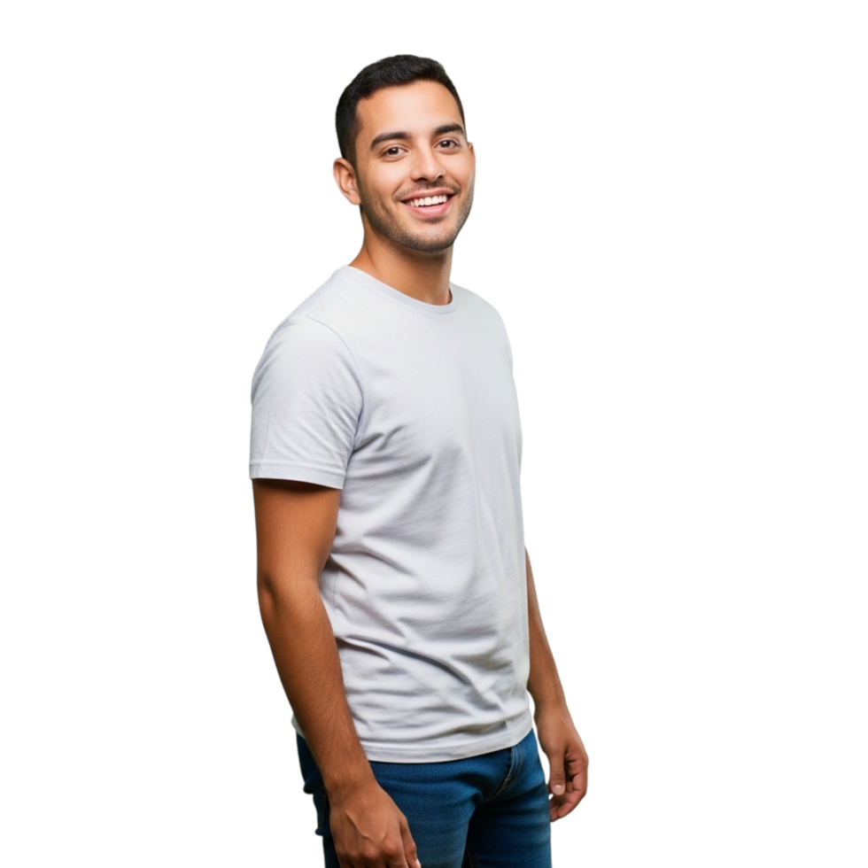 A young man in a white tshirt is smiling and looking to the side while isolated on transparent background png