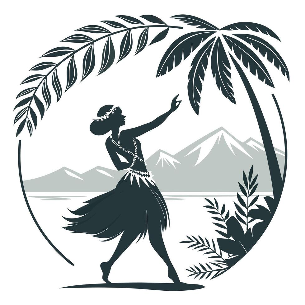 Hula dancer silhouette under palm trees with mountains and ocean vector