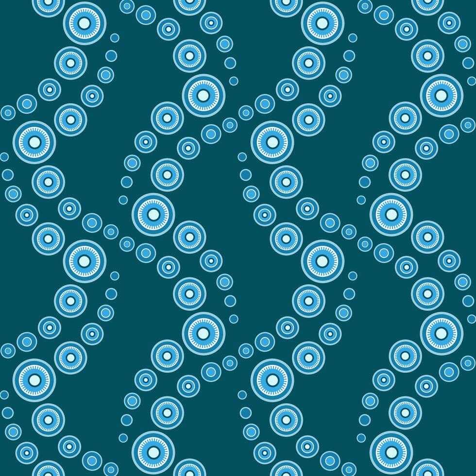 Abstract geometry seamless pattern of many circles. Wavy ornament of light blue rings on turquoise background. Stylized bubble path design vector