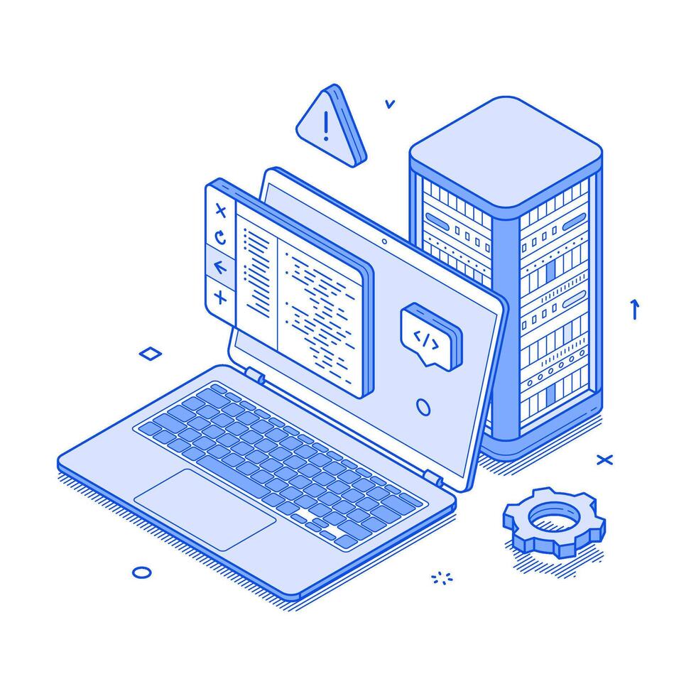 Computer server maintenance programming database hardware support isometric illustration vector