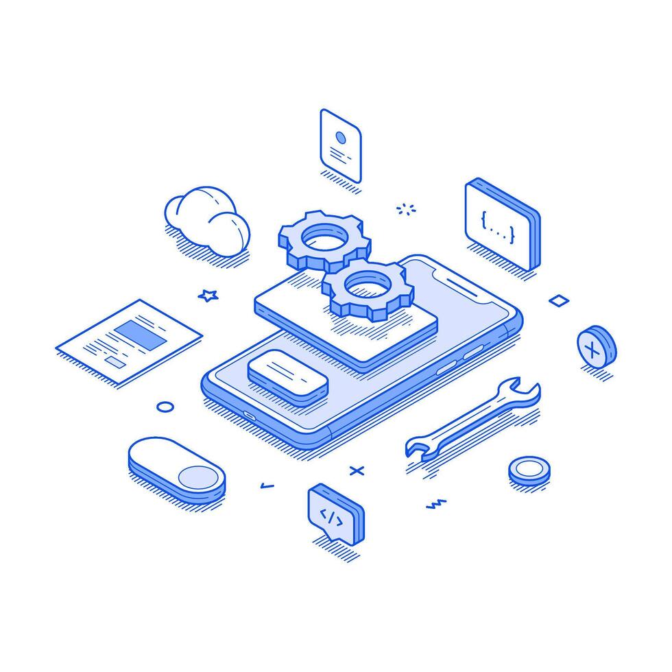 Mobile app create software development programming interface isometric illustration vector