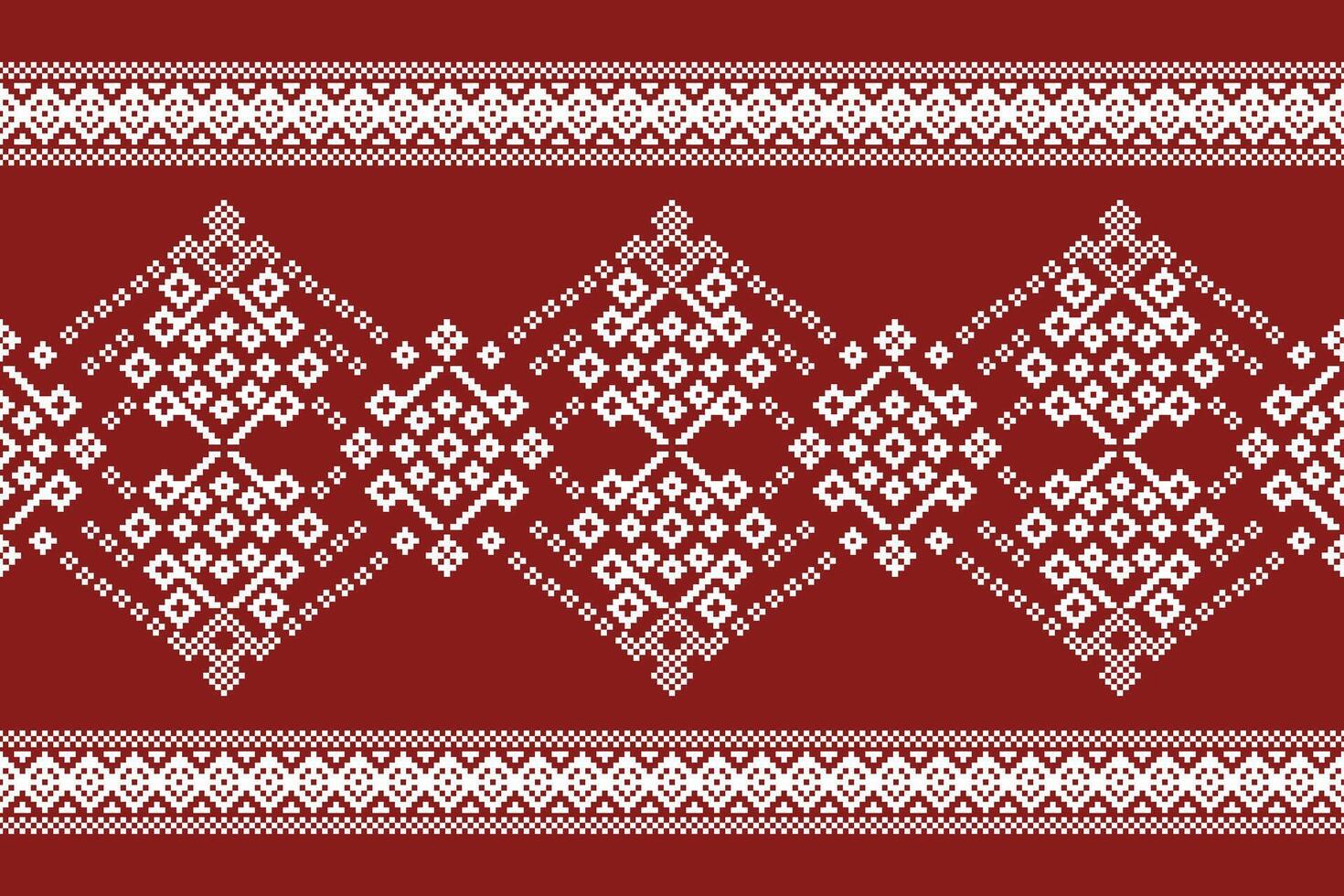Design of motif cross stitch red color background with ethnic pattern style. vector
