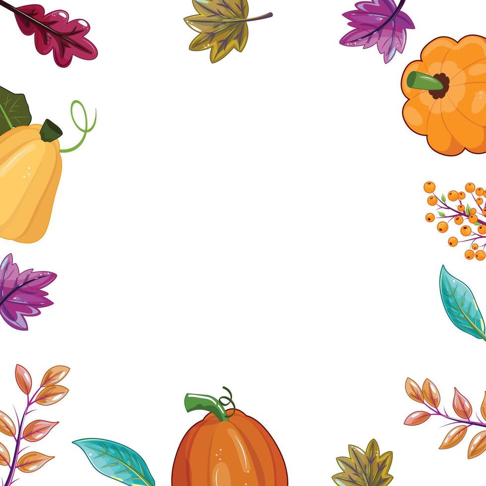 Pumpkin, leaf, berry corners create decorative autumn space. Blank center for text, invitation menu, colorful seasonal design art. vector