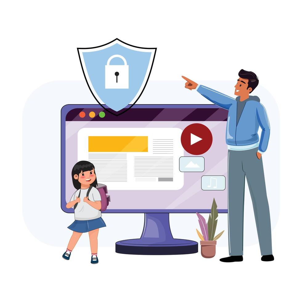 School child with backpack and dad near desktop monitor explaining safe browsing. Large shield with padlock symbol highlights security. Parenting control vector