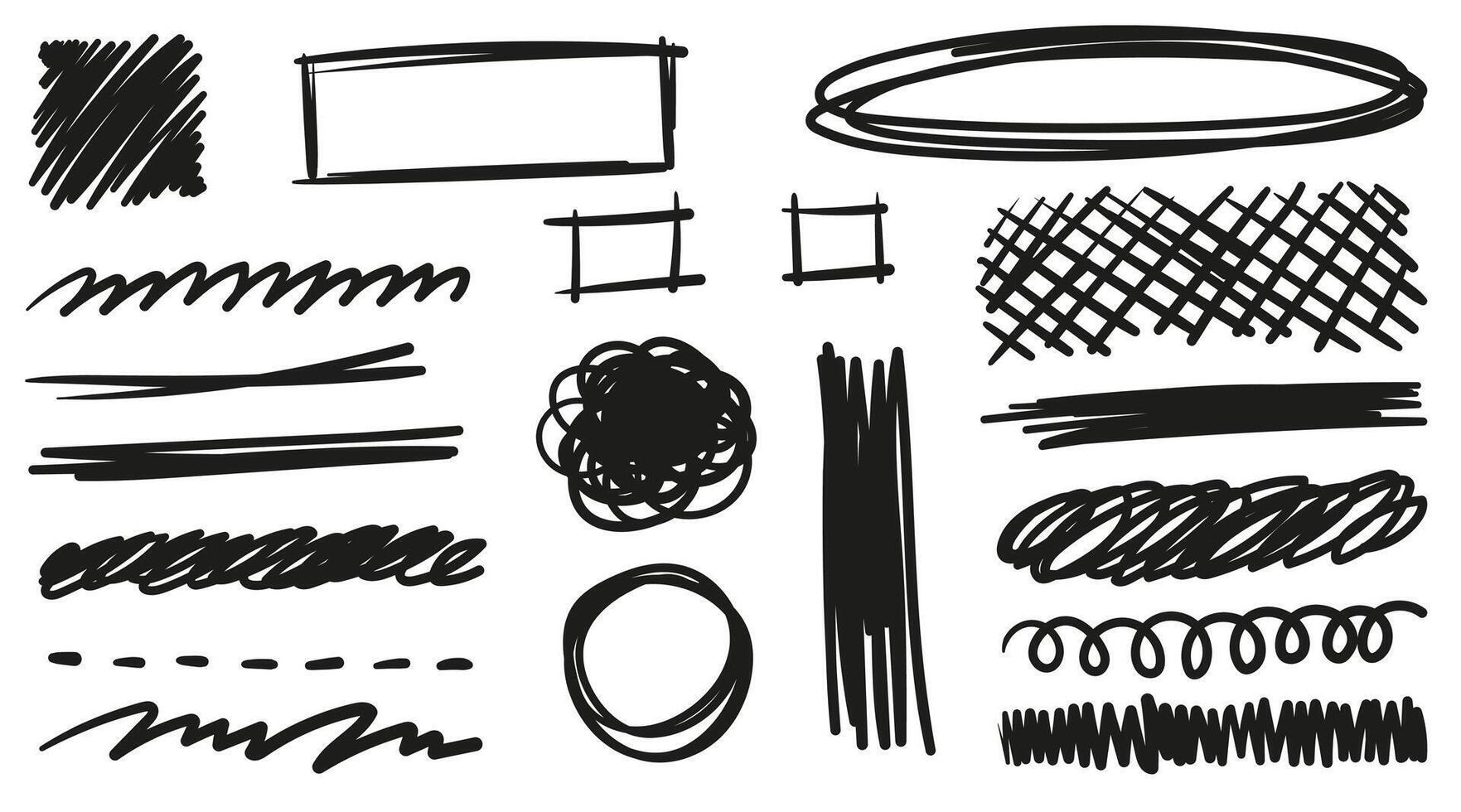 Pencil scribble frame set with hand-drawn textures. Sketch strokes in rectangle, circle, underline, and cloud bubble shapes. Grunge marker geometric elements for design decoration. vector