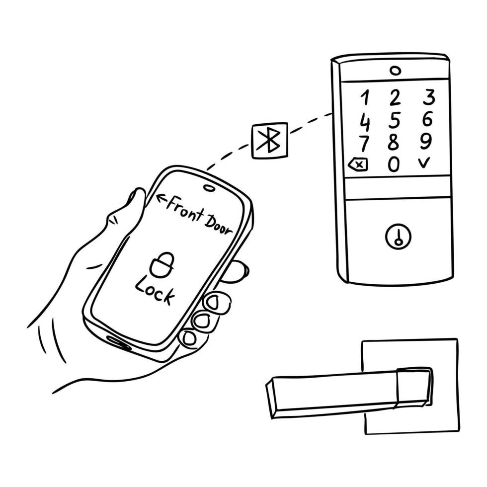 Smartphone unlocking a high-tech door lock system via Bluetooth connection. Concept of smart home, wireless access and modern security technology vector