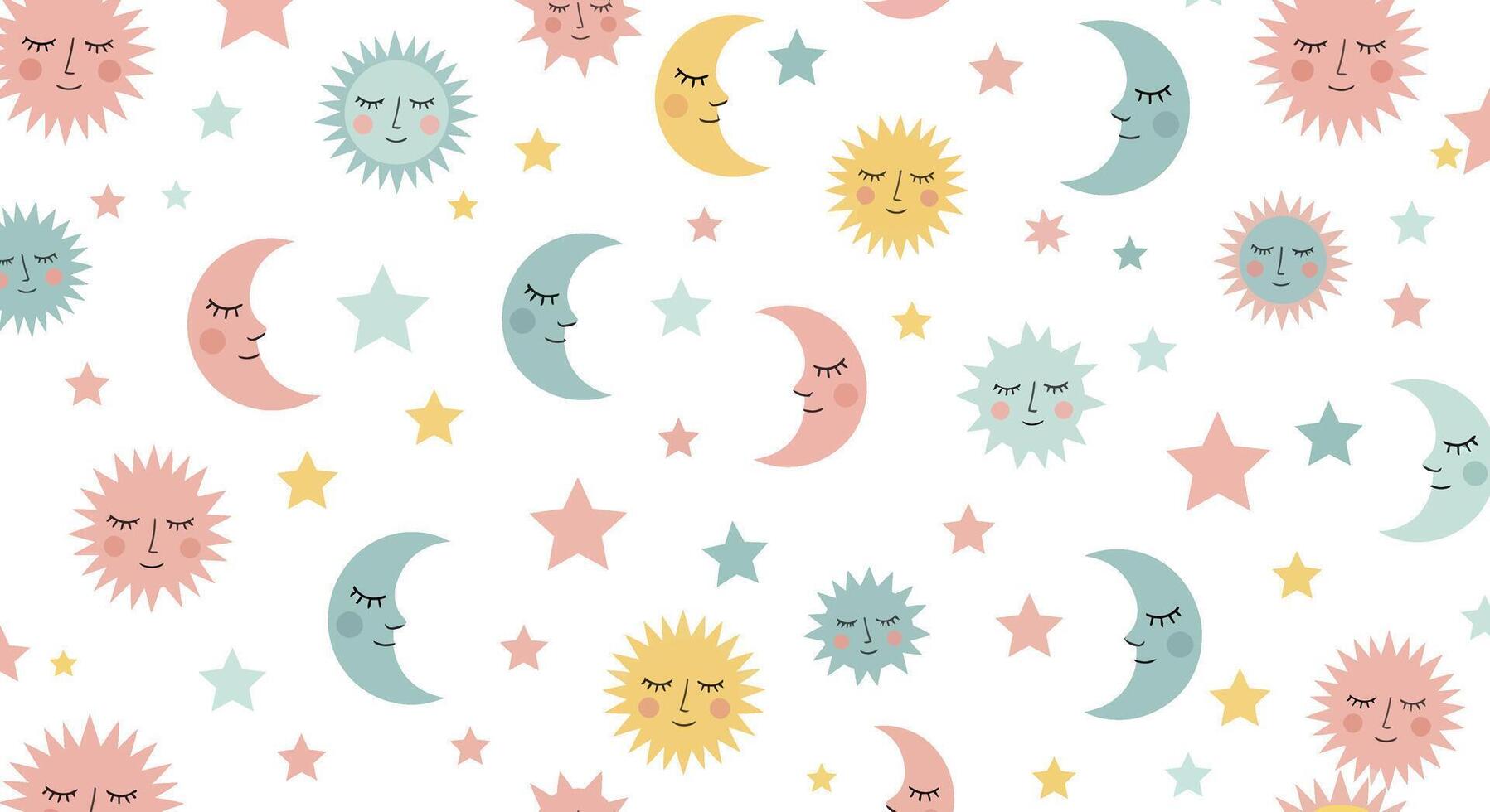 Whimsical celestial pattern with sleeping suns and moons. vector