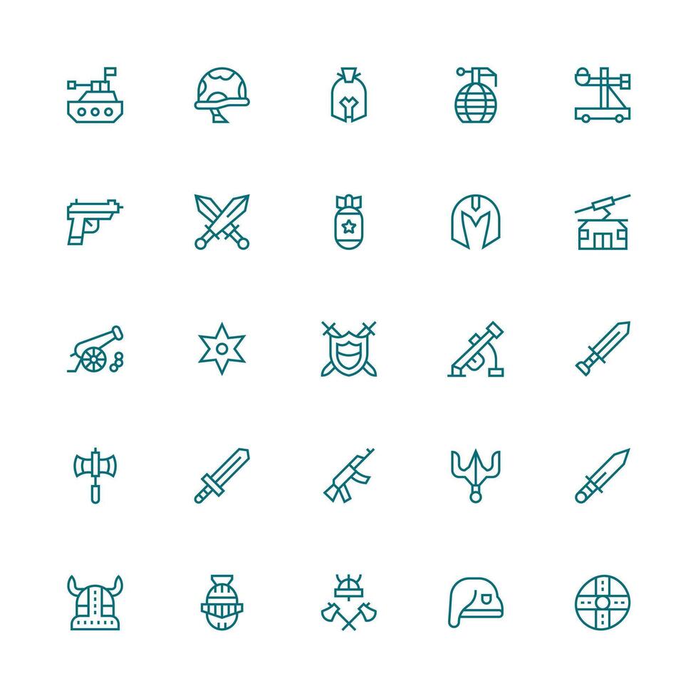 Medium Stroke Outline Style Warfare Icons with 25 Vectors Sharp Icons for Presentations