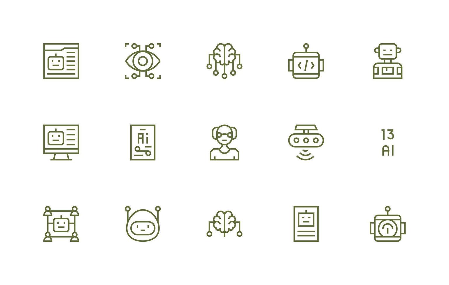 Machine Learning Design Icons featuring 15 in Regular Line Style Organized Icon Pack for Quick Access vector