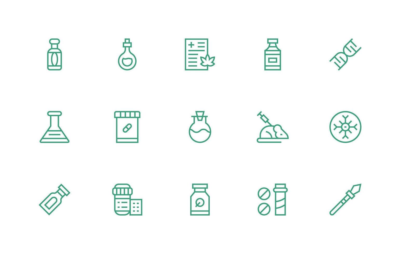 Pharmaceutical Design Icons featuring 15 in Regular Line Style Complete Icon Bundle for Web Design vector