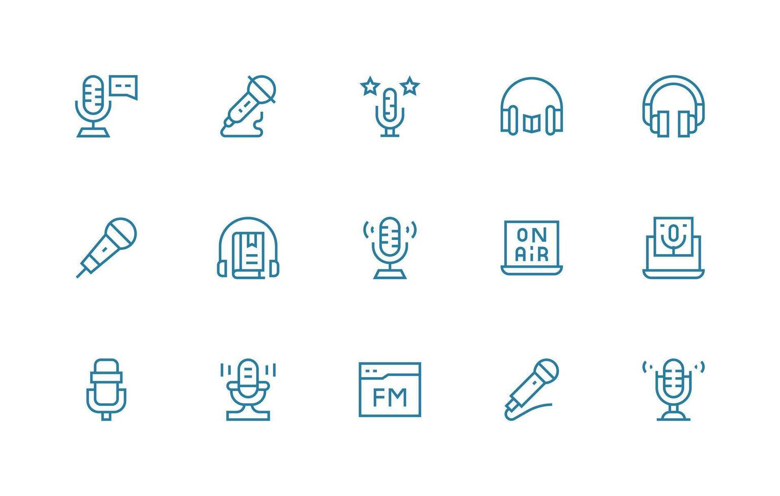 Podcast Design Icons featuring 15 in Regular Line Style Icon Collection Set vector