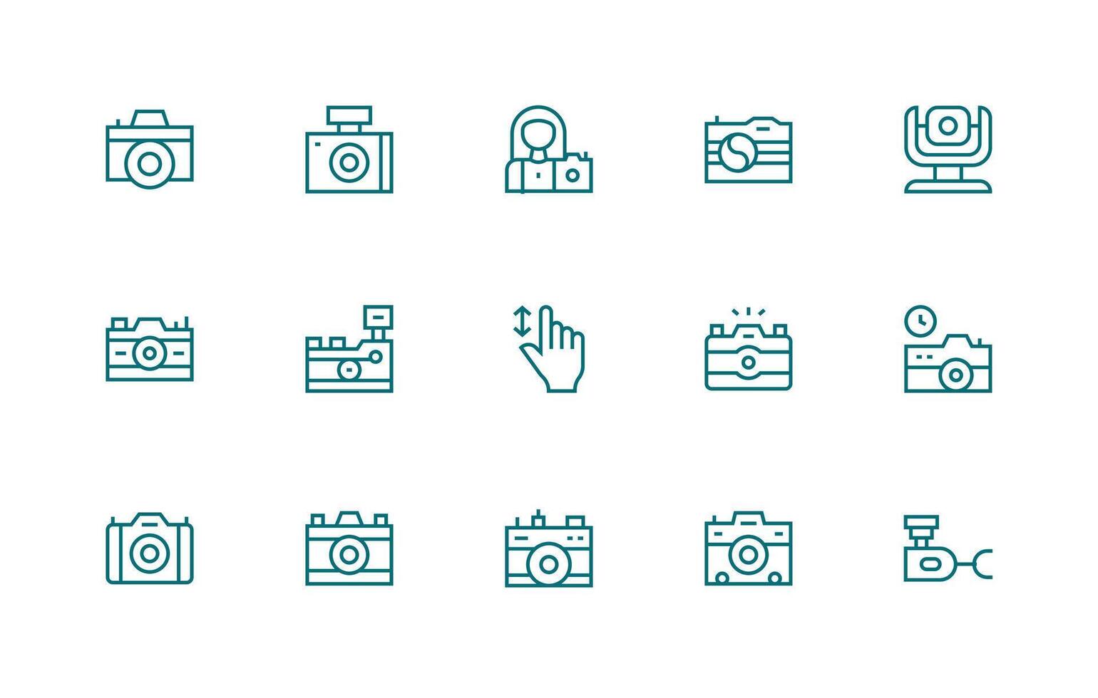 Digital Camera including 15 Regular Line Illustrations Simple Icons for Interface and Wireframes vector