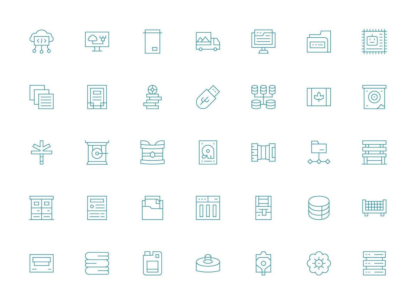Data Storage featuring 35 Icons in Light Line Design Full Icon Library for UI Designers vector